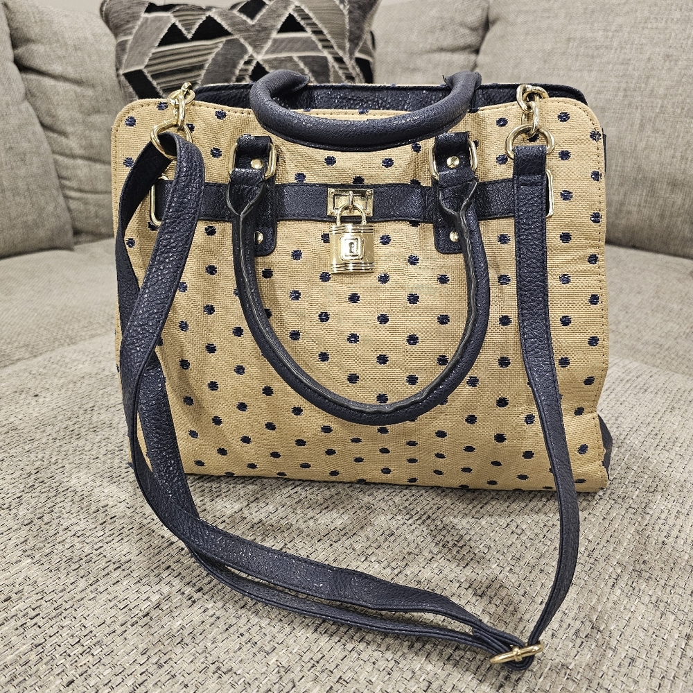 Tan & navy satchel top handle adjustable crossbody versatile purse bag